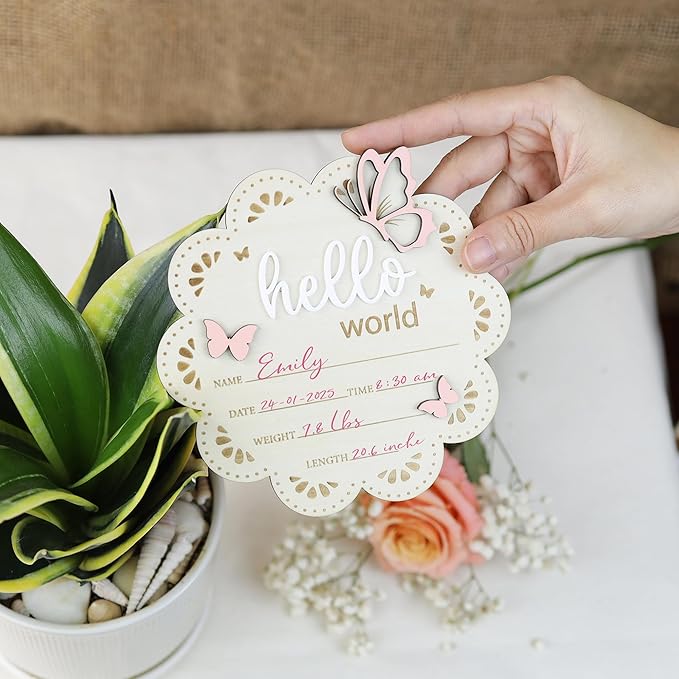 Baby Announcement Sign Butterfly, 6.5 Inch Wooden Hello World Newborn Welcome Sign Birth Baby Name Plaques for Photo Props Baby Shower Hospital Nursery BABY3