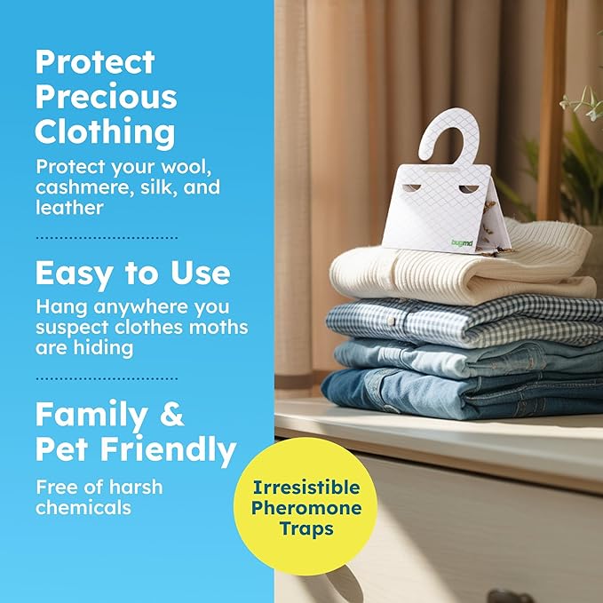 BugMD Clothes & Pantry Moth Traps (18 Count) – Sticky Glue Pheromone-Based Repellent for Closets, Cabinets & Wardrobes – Non-Toxic - White