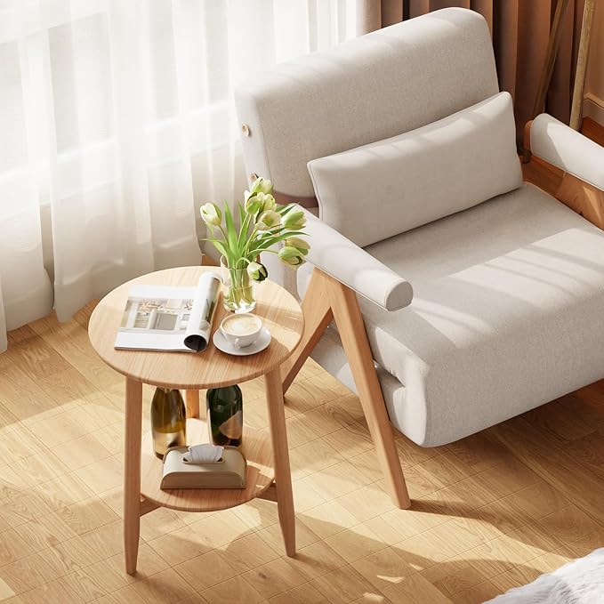 Round End Table,Solid Wood Small Round Table with Lower Shelf,Round Side Table，Nightstand for Small Spaces,Living Room,Bedroom(Natural)
