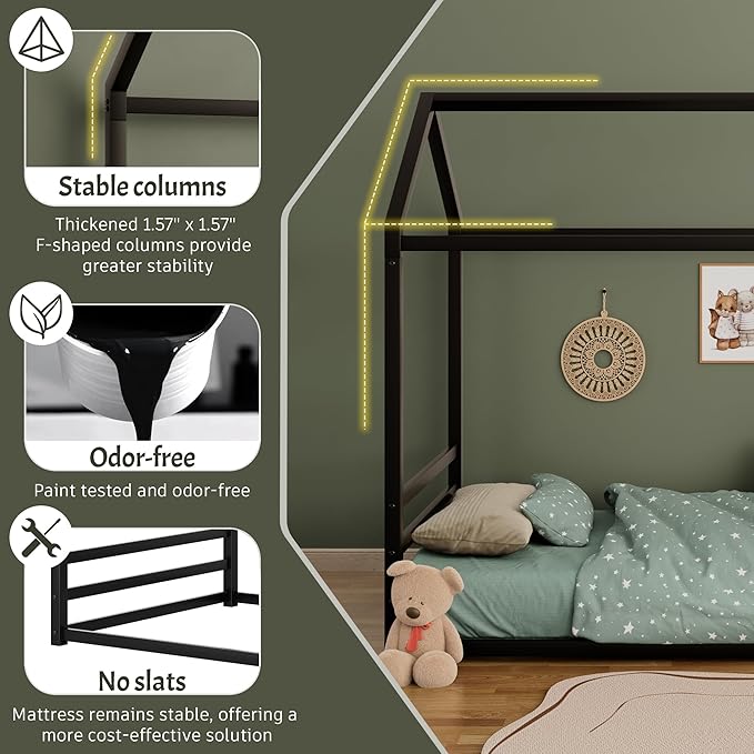 Harper & Bright Designs Twin Size Floor Bed Frame for Kids, House Bed with Roof and Guardrail, Metal Montessroi Floor Bed for Boys Girls, Easy Assemble, No Slats,Black