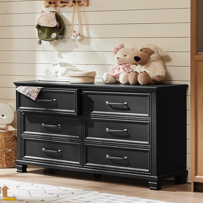 Farmhouse 6 Drawer Dresser for Bedroom, 54 inch Wide Rustic Vintage Chest of Drawers with Square Solid Wood Legs, Large TV Stand for Living Room, Wooden Storage Dressers for Hallway, Black