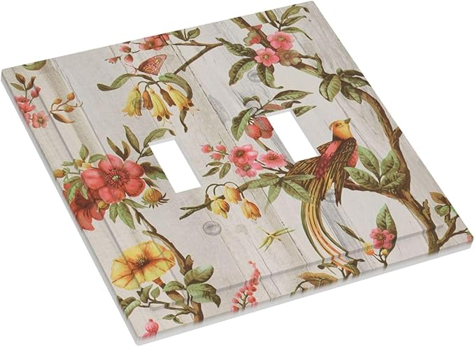 Flowers Bird Tree Retro Spring Floral Branch 2 Gang Light Switch Plate Decorative Double Toggle Wall Plate Oriental Chinese Landscape Drawn Receptacle Switchplate Decorate for Home Living Room Bedroom