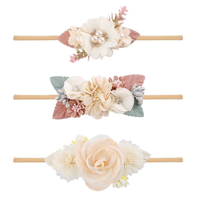Baby Girl Floral Headbands- 3pcs Nylon Headband Handmade Flower Crown Elastic Hairband Newborn Toddler Hair Accessories Gifts for Girls （1-6 years old）