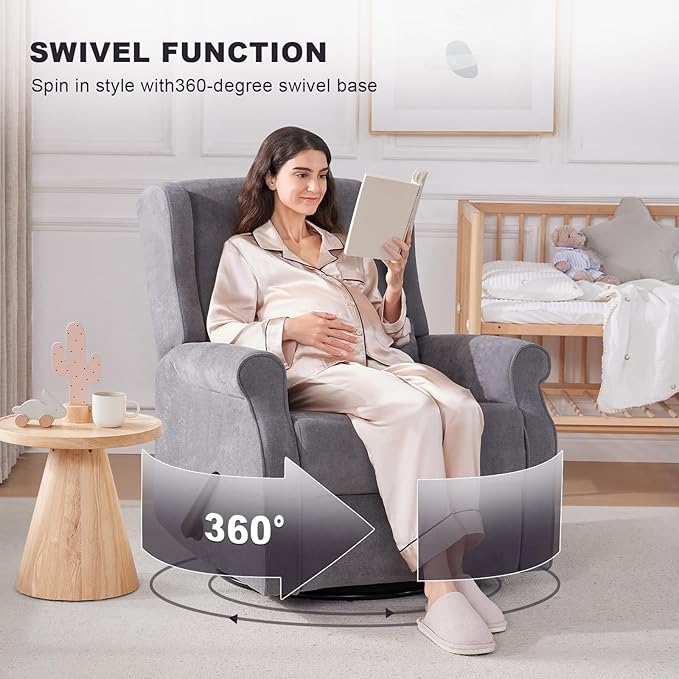 Nursery Swivel Glider Recliner,Rocking Chair Nursery with Footrest,Rocking Recliner Chair for Nursery,Glider Rocker Recliner for Living Room & Bedroom,Grey