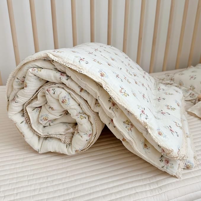 BuLuTu Kids Blanket Cotton Toddler Quilt Muslin Blankets, Reversible Floral Baby Blanket for Girls Boys Crib Comforter Baby Quilt for Toddler Bed, Azalea Pattern, 60x78 Inches