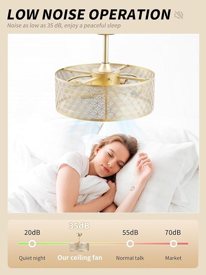 20" Boho Ceiling Fans with Lights, Gold Fandelier Ceiling Fan with Light Remote Control with Caged 6 Speeds for Bedroom, Nursery, Living Room