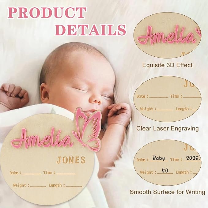 Personalized Baby Announcement Sign Custom Birth Newborn Announcement Sign for Hospital Wooden Baby Name & Footprint Sign Photo Prop Shower Gift (Butterfly)