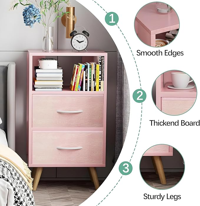 Night Stand, Pink Kids Nightstand with 2 Fabric Drawers, Nursery Side Table with Open Storage, 3-Tier Modern End Table, Bedside Table for Small Space, Living Room, Bedroom
