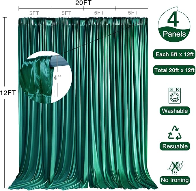 20x12ft Polyester Backdrop Emerald Green Backdrop Curtains for Baby Shower Party Wedding Photo Drape Reception Photography Background Event Stage DecorationW5' x H12'4 Panels YUNBSDJ176
