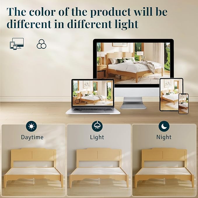 King Bed Frame and Headboard, Wooden Platform Bed with Wood Slats Support, Modern Bed Frame with Storage&Charging Station, No Box Spring Needed, Easy Assembly, Noise Free, Natural
