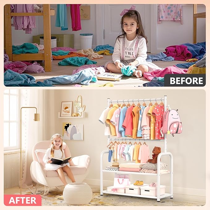 Kids Clothing Rack with 2-Layer Storage Shelf and 2 Adjustable Hanging Rods, Small Baby Closet Organizer for Hanging Clothes, Kids Dress Up Rack for Child (Classic, White)