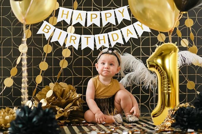 1st Birthday Decorations,40inch Gold Number 1 Balloon And Happy Birthday Banner With 12inch Metallic Gold White Confetti Balloons For One Year Old Boys Birthday Decorations