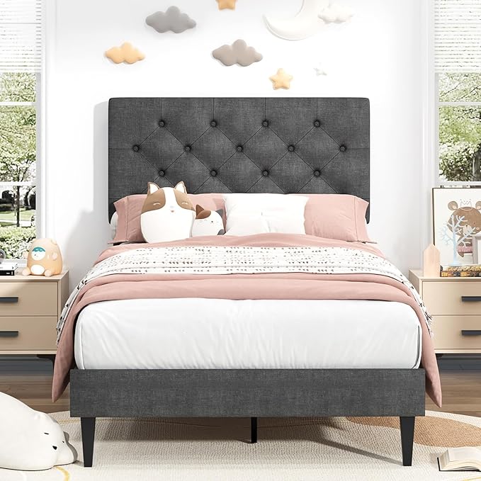BarnFurin Twin Bed Frame, Upholstered Platform Bed with Button Tufted Headboard, Fabric Bed Frame with Wooden Slats Support, No Box Spring Required, Easy Assembly, Light Grey