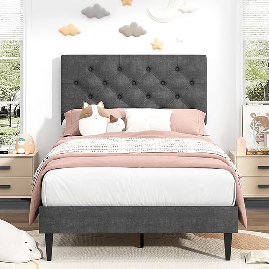 BarnFurin Twin Bed Frame, Upholstered Platform Bed with Button Tufted Headboard, Fabric Bed Frame with Wooden Slats Support, No Box Spring Required, Easy Assembly, Light Grey