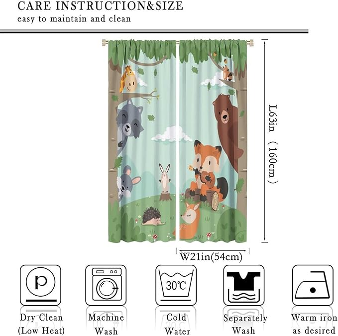 Forest Animals Curtains Colorful Forest Cartoon Cute Fox Bear Giraffe for Kids Boys Girls Nursery Bedroom Living Room Blackout Rod Pocket Decoration Window Drapes 2 Panels W21xL63in