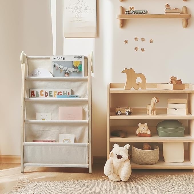 Kids Bookshelf with Storage, 3-Piece Modular Wooden Bookcase Organizer for Nursery, Bedroom, Playroom, Easy Assembly, Corner Shelf for Books & Toys, Natural Wood Design (B)