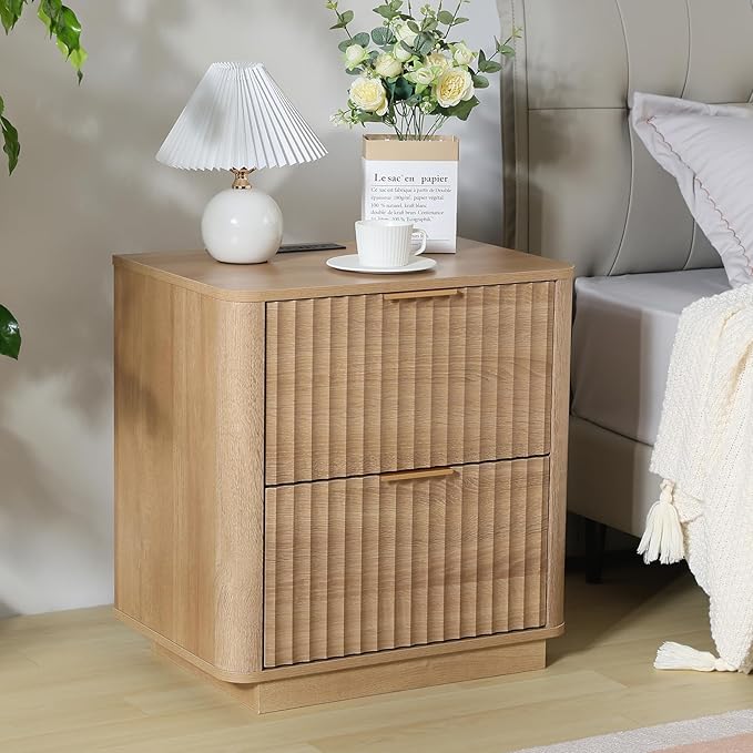 Fluted Nightstand with Charging Station, 23" Night Stands with 2 Drawers, Wood End Table with Storage, Oak Bedside Cabinet for Bedroom