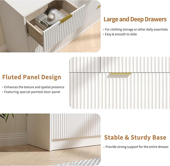 White 7 Drawer Dresser for Bedroom, 55” Wide Fluted Dresser with Gold Handles, Modern Chest of Drawer for Bedroom, Closet, Living Room, Entryway, Hallway, White