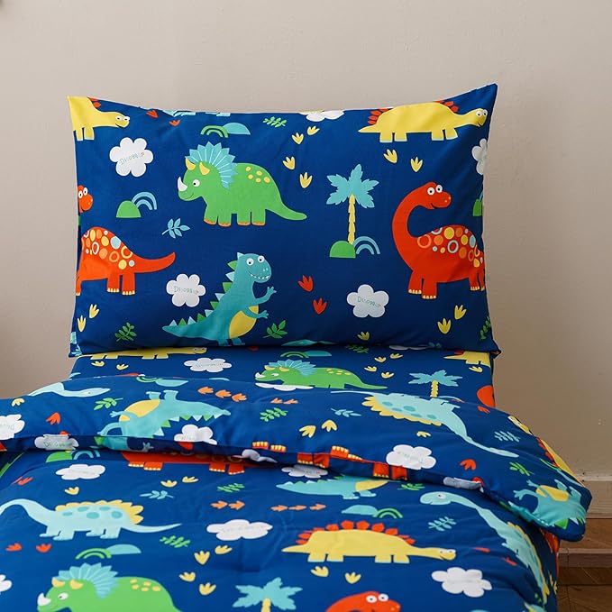 KAREVER Cartoon Toddler Bedding Set Dinosaur Print 4 Pieces Crib Bed Set Kids Animal Print Comforter Set