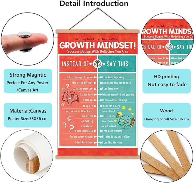 KAIRNE Kids Growth Mindset Poster Educational Classroom Poster With Wood Magnetic Hanger,Motivational Quote Canvas Wall Art(35X56CM) Students Positive Art Print For Kids Playroom Classroom Decor