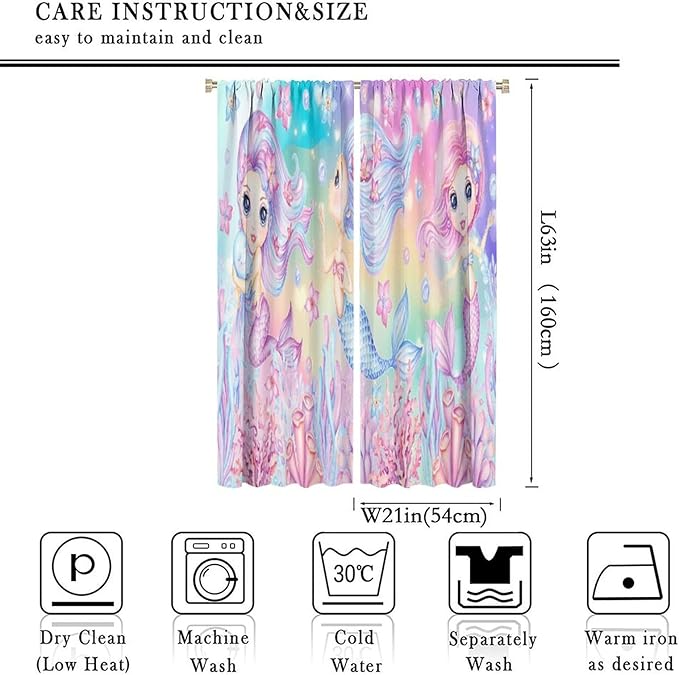 Cartoon Mermaid Kids Curtain Fantasy Ocean Theme Coral Flower Floral Window Treatment for Kids Girls Bedroom Nursery Room Decor Rod Pocket Blackout Window Drapes 42x63in