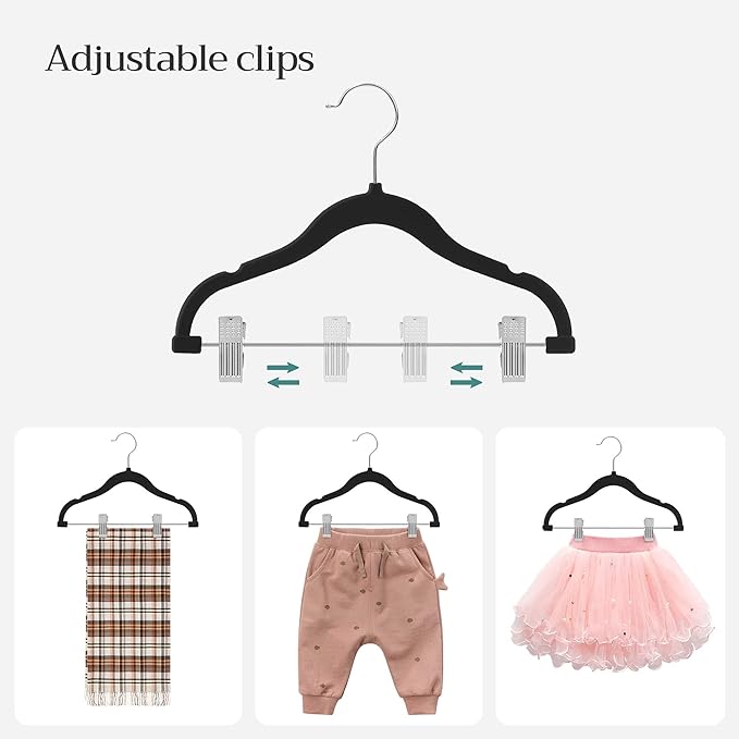 SONGMICS 30 Packs Baby Pants Hangers with Clips, Kids Hangers with 6 Clothes Dividers, Non-Slip Children’s Clothes Hanger, Black UCRF013B30