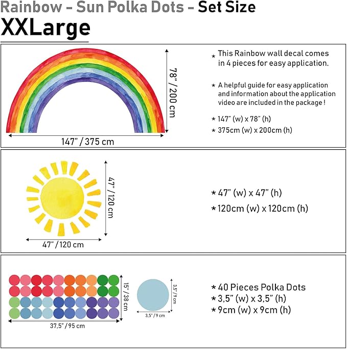 Watercolor Rainbow, Sun, Polka Dots Wall Decal for Kids Room, Nursery, Baby Room Decor, Polka Dots Mural, Rainbow Wallpaper (Vibrant Rainbow, XXLarge)