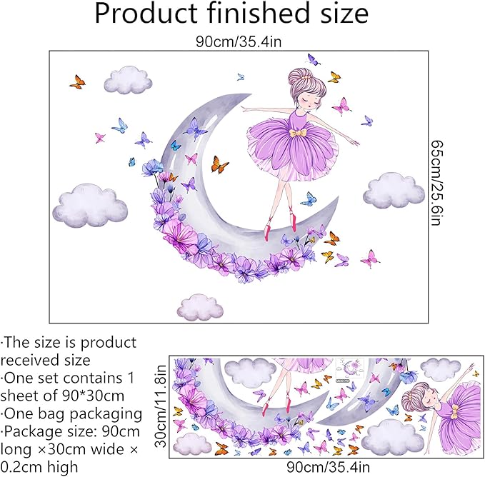 Lovely Purple Moon Girl and Clouds Butterfly Wall Stickers, sacinora Art Wall Decals Removable Vinyl Peel and Stick for Nursery Kids Baby Living Room Children's Room Bedroom Decorations