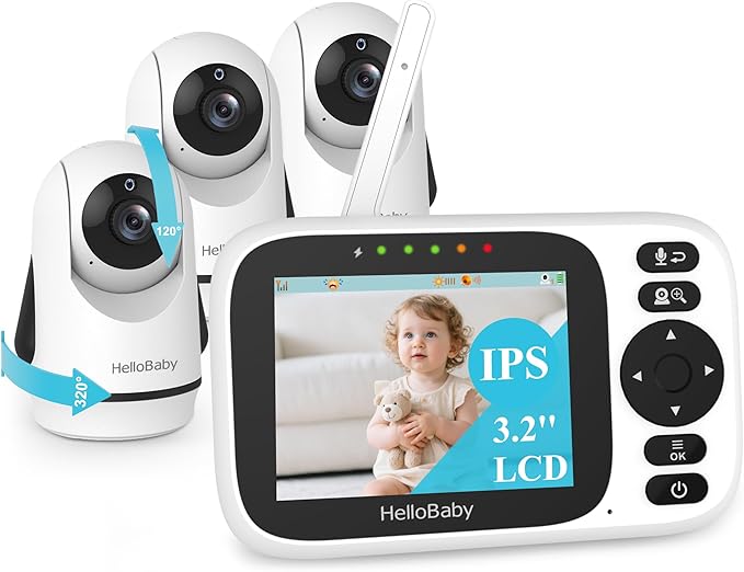 HelloBaby 3.2'' Baby Monitor 3 Cameras, Video Audio Baby Monitor No WiFi, Remote Pan-Tilt-Zoom, ECO, Night Vision, 2-Way Talk, 1000ft Range, 8 Lullabies and Temperature, for Parents and Babies