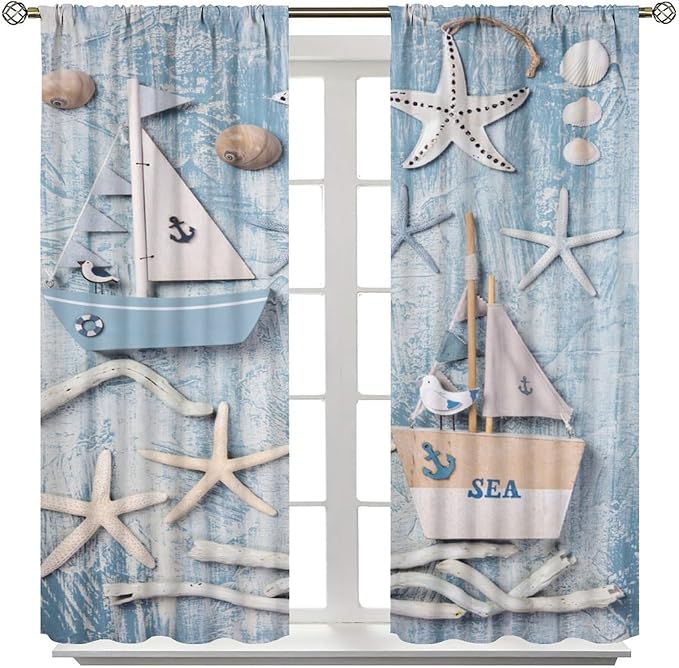 Nautical Curtain,Navy Anchor Sailing Map Starfish Seashells Bedroom Curtain,Waterproof Washable Fabric for Bedroom Decor Set 2 Panels,42x45 Inches