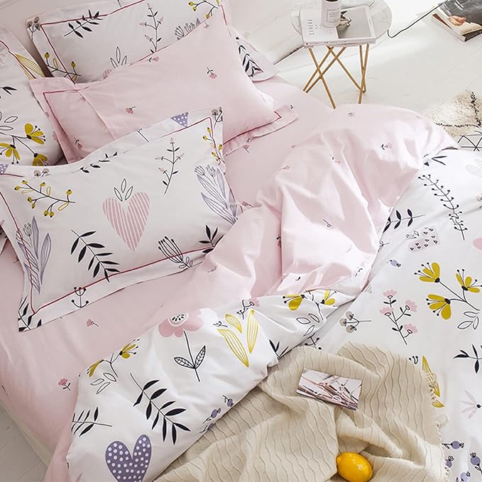Girls Duvet Cover Queen Floral Bedding Sets White Pink Premium Cotton Colorful Pink Flower Aesthetic Bedding Cover Queen for Teens Women Reversible Comforter Cover Boho Branches Bedding Collection
