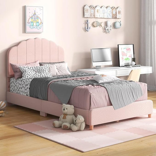Costzon Twin Bed Frames with Adjustable Headboard, 660 LBS Weight Capacity Upholstered Wooden Kids Bed w/Slats Support, No Box Spring Needed, Easy Assembly, Twin Platform Bed Frame (Pink Shell)