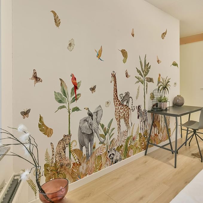 Large Safari Animals Boho Tropical Rainforest Leaves Tree Wall Stickers Jungle Animals Giraffe Elephant Lion Leopard Parrot Wall Decals for Living Room Bed Room Class Room Wall Décor