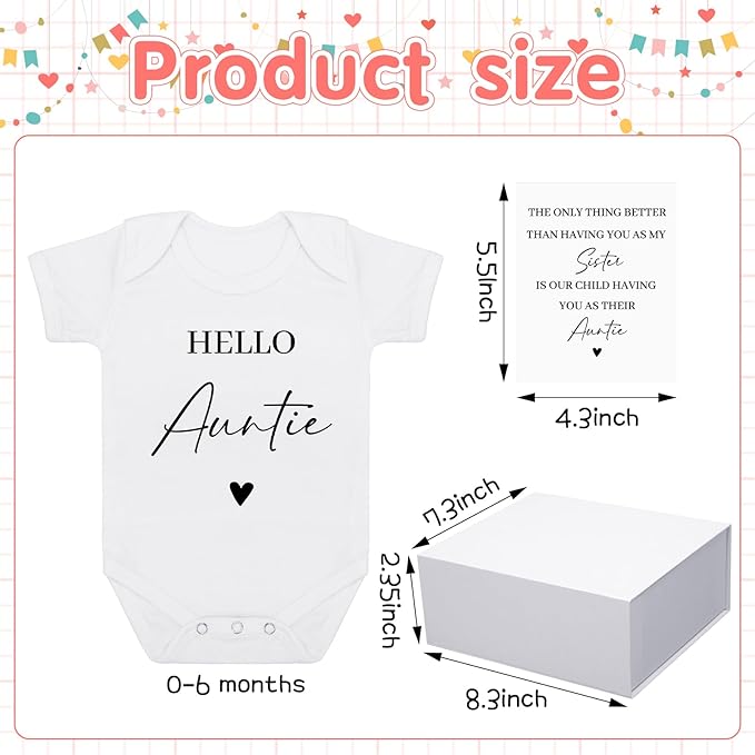4 Pcs Pregnancy Announcement for Aunt, Hello Auntie Baby Bodysuit, Hello Auntie Pregnancy Reveal Card Baby Reveal Gift Box Baby Announcement Gifts Set for Aunt Women