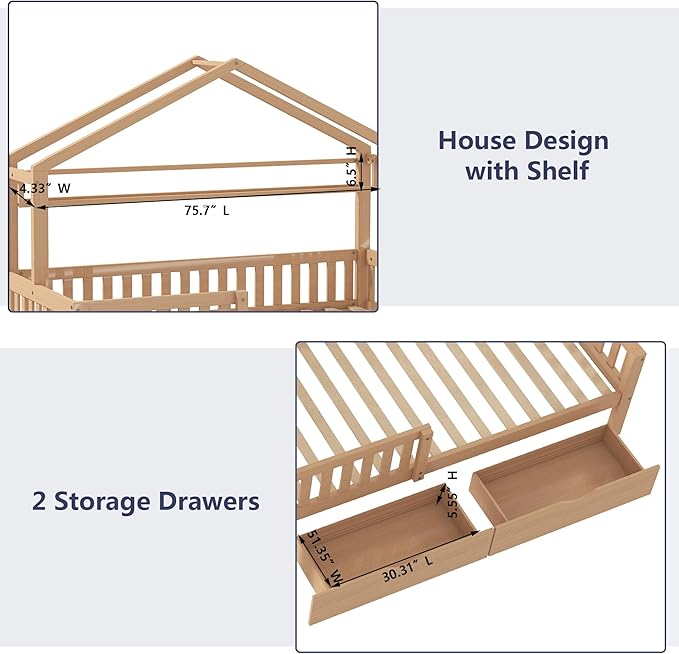 Aoowow Full Size House Bed with Storage Drawers and Shelf, Kids Twin Bed Frame Wooden Platform Bed with Guardrails and Slats for Boys Girls Teens for Bedroom(Natural)