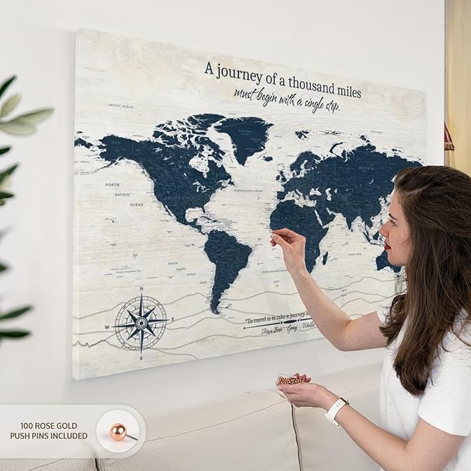ElephantStock - A Journey I Push Pin World Map Wall Art - Horizontal Canvas Wall Art - Living Room Wall Decor - Digital Art Map Canvas Art - Blue And Beige Decor - 48" x 32"