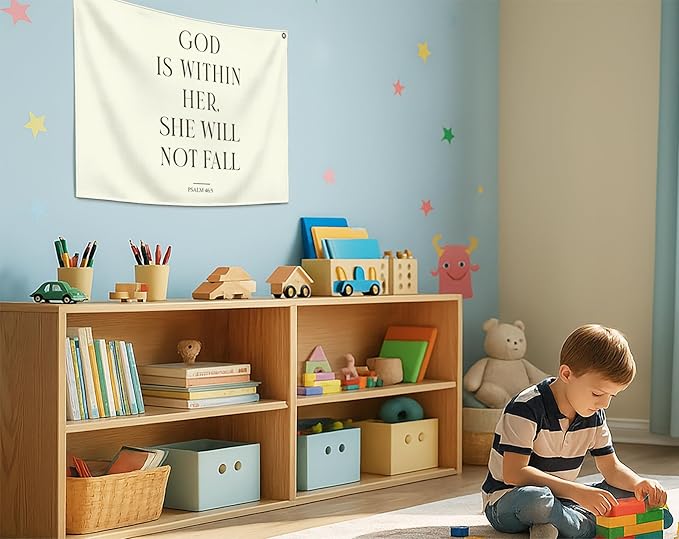 Christian Bible Verse Scripture Rectangular Banner Flag Wall Decor Gift for Baby Boy Girl Kids,Prayer Room Nursery Bedroom Reading Room Decor-God is Within Her She-Baby,Shower Birthday Christmas Gift