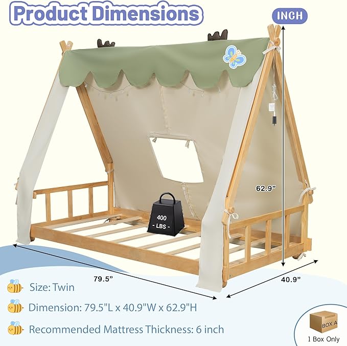 Twin Size Floor Bed with Tent and Light, Wooden Montessori Bed Frame with Roof Design, Low Profile Beds for Kids, Boys and Girls, White