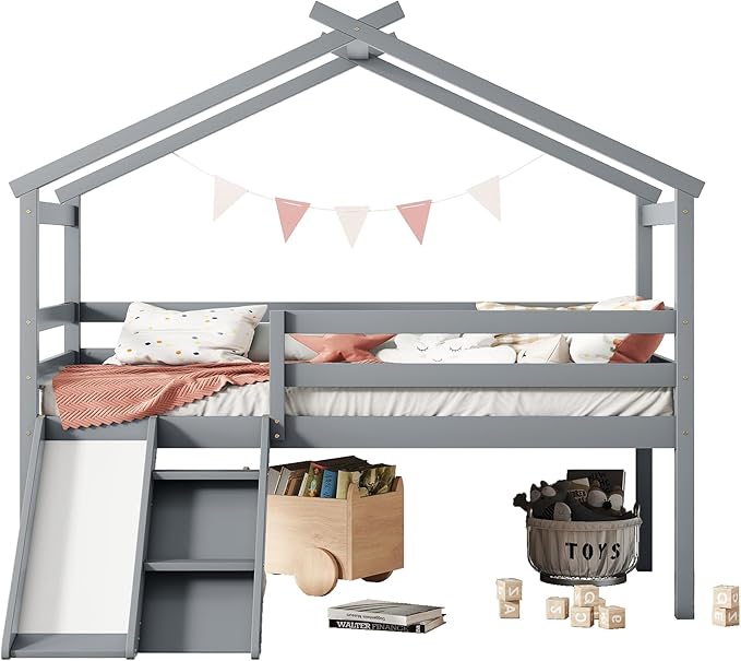 Twin Size Low Loft Bed with Slide and Ladder for Kids Boys Girls, Solid Wood House Roof Loft Bed Frame with Safety Guardrails, Sturdy Slat Support (Grey-50)