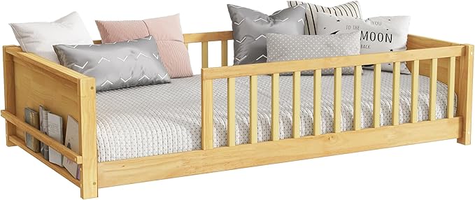Floor Bed with Rails Twin Size, Wood Montessori Floor Bed with Storage Bookcase, Kids Bed Frame with Fence for Boys Girls, Natural