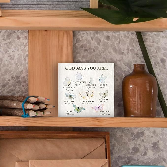 Christian Butterfly Wood Box Sign - Inspirational Bible Verse Desk Shelf Decor, Inspirational Desk Decor, Christian Gifts Butterflies Wooden Block Plaque Box Sign for Home Room Table Decorations