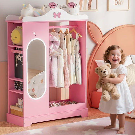 Kids Armoire with Jewelry Cabinet, Kids Dress Up Storage wth Shelves, Girls Wardrode Costume Organizer with Mirror, Children Closet with Armoire for Bedroom, Kid Room, Girls (Pink)