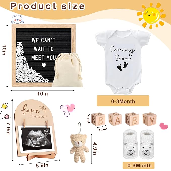 9 Pcs Pregnancy Announcements Set, Include Felt Letter Board Baby Bodysuit Shoes and Wooden Sign Surprise Announcement for Grandparents Partner Gift Family Reveal(Grey Coming soon-white shoe)