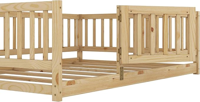 Full Size Floor Bed Frame with Door and Slats,Montessori Floor Bed with Safety Guardrails for Girls Boys,Solid Wood Kids Montessori Bed Full Size,Natural