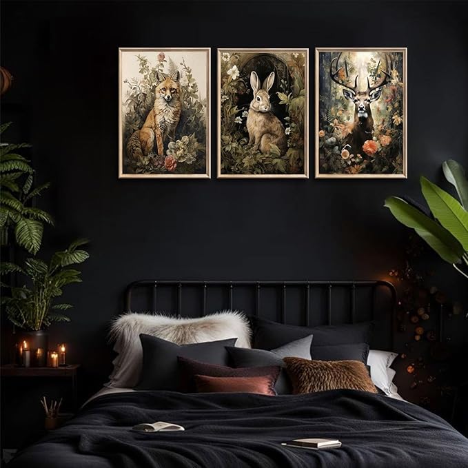 3pcs Vintage Forest Animal Canvas Wall Art Wild Animal Deer Rabbit Fox Paintings Pictures Dark Academia Wall Decor Gothic Botanical Posters Print Artwork for Living Room Office Decor 12x16in Unframed