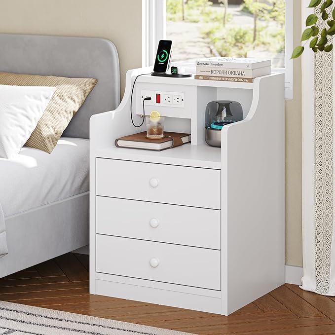 ADORNEVE Night Stand Set 2,White Nightstand with Charging Station & Hutch,Night Stands for Bedrooms Set of 2,Bedside Table with Drawers