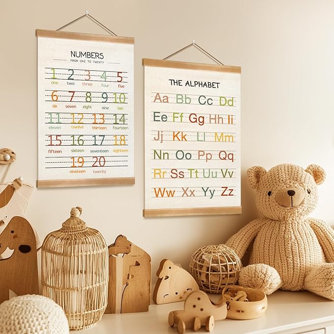 Alphabet Numbers Poster Set of 2, Children's Room Wall Art, ABC Banner Poster, Letter Banner Wall Hanging Decor for Toddler Room Playroom Nursery Wall Classroom Decor 12x16inch (Alphabet Numbers)