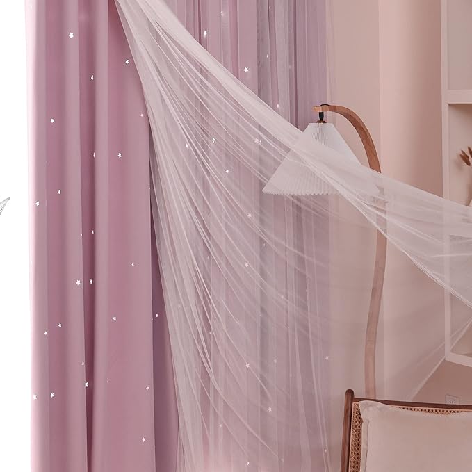 Kinryb Princess Curtains for Girls Bedroom with Sheer Overlay,Double Layer Curtain for Living Room with Star Cutout, Curtains for Kids Room (70 W*95 L Inches,2 Pcs Pink)