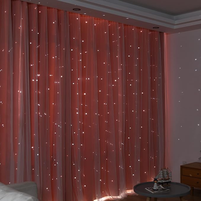 Kinryb Princess Curtains for Girls Bedroom with Sheer Overlay,Double Layer Curtain for Living Room with Star Cutout, Curtains for Kids Room (52 W*72 L Inches,2 Pcs Coral)