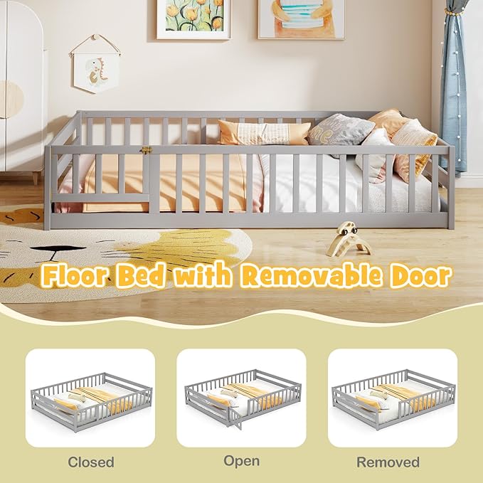 KOMFOTT Full Size Wood Floor Bed with Door & Fence, Montessori Bed Frame with Full Length Safety Guardrails, Door & Latch, Wooden Montessori Floor Bed for Kids, Girls, Boys (Full,Grey)